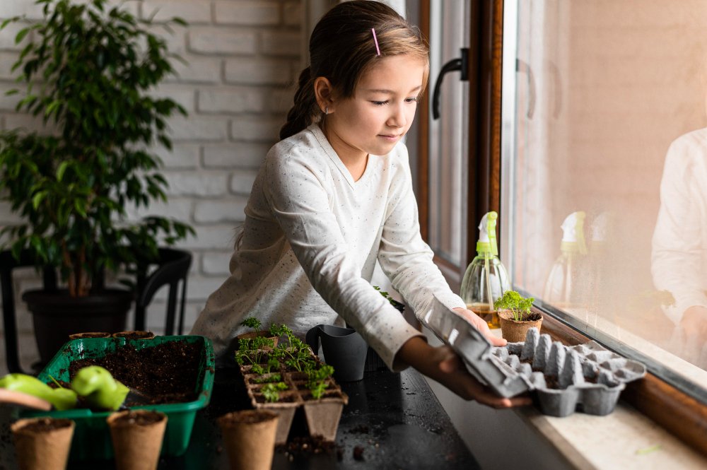Menina sorridente planta sementes em caixas de ovo, e vasos ecológicos, próxima a uma janela. Com suas mãos na terra, está dando início a um jardim dentro de casa.
