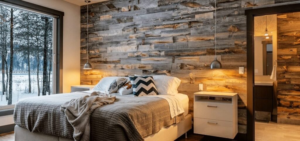Quarto com parede de piso vinílico imitando madeira e uma cama, criando um ambiente acolhedor e rústico.