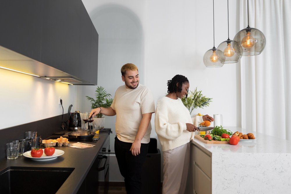 Homem e mulher conversando na cozinha, cercados por utensílios e ingredientes, preparando uma refeição juntos.